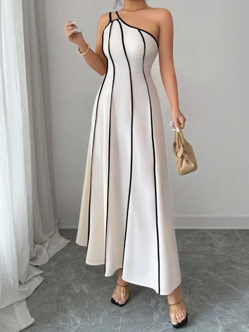 Apricot Casual Women's One-Shoulder Contrast Sleeveless Dress - Picture 4 of 5